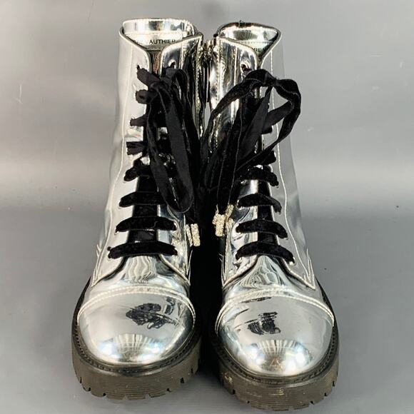 ALEXANDRE VAUTHIER Size 10 Metallic Silver Lace-Up Combat Boots - Picture 4 of 8